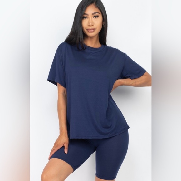 Navy Blue Matching Set Oversized T Shirt Biker Shorts Set S M L Lululemon Vuori - Picture 1 of 2